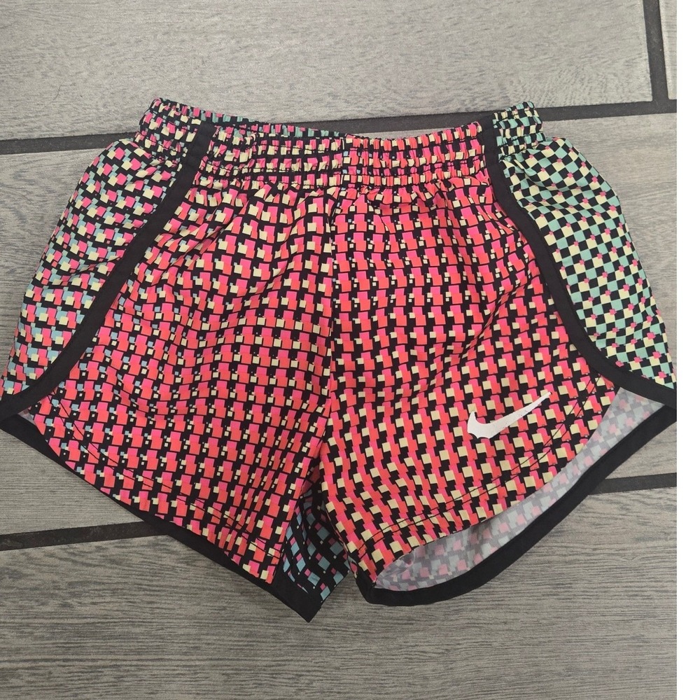 Nike Dri-FIT Girls Running Shorts Pink Orange Teal Geometric Checkered 2-3 YRS